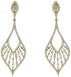 1.24CT DIAMOND 14K YELLOW GOLD BAGUETTE OPEN FILIGREE TEAR DROP HANGING EARRINGS