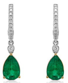 ESTATE 3.03CT DIAMOND & AAA EMERALD 18KT 2 TONE GOLD PEAR SHAPE & ROUND EARRINGS