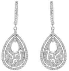 LARGE 1.39CT DIAMOND 18K WHITE GOLD TEAR DROP OPEN FILIGREE FUN HANGING EARRINGS