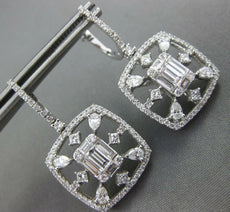 LARGE 2.14CT DIAMOND 18K WHITE GOLD ROUND BAGUETTE & PEAR SHAPE HANGING EARRINGS