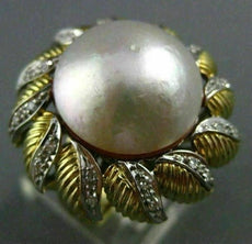 ANTIQUE MASSIVE .35CT DIAMOND 18K TWO TONE GOLD AAA MABE PEARL FLOWER RING 25403