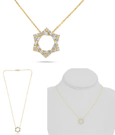 .38CT DIAMOND 14KT YELLOW GOLD ROUND & BAGUETTE STAR OF DAVID LOVE KNOT NECKLACE
