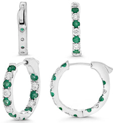 1.05CT DIAMOND & AAA EMERALD 14KT WHITE GOLD 3D INSIDE OUT HUGGIE FUN EARRINGS