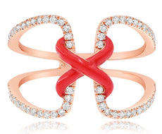 .34CT DIAMOND & RED ENAMEL 14K ROSE GOLD 3D CRISS CROSS DOUBLE HEART X LOVE RING