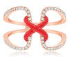 .34CT DIAMOND & RED ENAMEL 14K ROSE GOLD 3D CRISS CROSS DOUBLE HEART X LOVE RING
