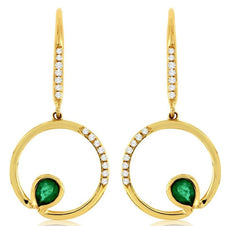 0.38CT DIAMOND & AAA EMERALD 14K YELLOW GOLD 3D CIRCLE OF LIFE HANGING EARRINGS