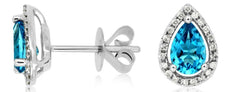 1.12CT DIAMOND & AAA BLUE TOPAZ 14KT WHITE GOLD PEAR SHAPE & ROUND STUD EARRINGS
