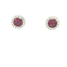 ESTATE .43CT DIAMOND & AAA RUBY 18K WHITE GOLD FLOWER HALO CLASSIC STUD EARRINGS