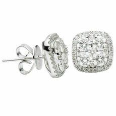 ESTATE .88CT DIAMOND 18KT WHITE GOLD 3D ROUND CLUSTER SQUARE HALO STUD EARRINGS