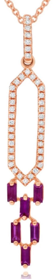 .34CT DIAMOND & AAA RUBY 14KT ROSE GOLD 3D BAGUETTE & ROUND FUN FLOATING PENDANT