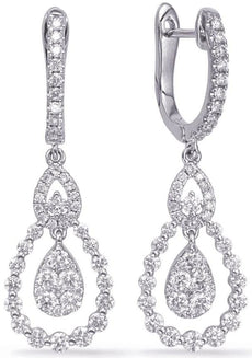 1.21CT DIAMOND 14KT WHITE GOLD CLUSTER OPEN TEAR DROP LEVERBACK HANGING EARRINGS