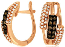 ESTATE WIDE .70CT WHITE & MOCHA DIAMOND 14KT ROSE GOLD OVAL HUGGIE HOOP EARRINGS