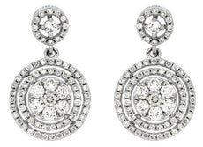 .86CT DIAMOND 14KT WHITE GOLD 3D FLOWER DOUBLE HALO CLASSIC HANGING EARRINGS