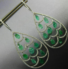 LARGE 9.11CT DIAMONDS & AAA EMERALD 18K WHITE GOLD 3D TEAR DROP HANGING EARRINGS