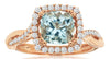 1.72CT DIAMOND & AAA AQUAMARINE 14KT ROSE GOLD 3D CUSHION & ROUND HALO LOVE RING