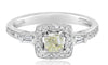 .78CT WHITE & FANCY YELLOW DIAMOND 18KT WHITE GOLD ROUND CUSHION & BAGUETTE RING