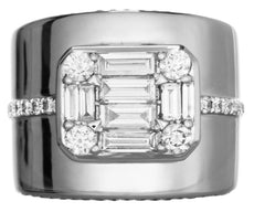LARGE 1.84CT DIAMOND 18KT WHITE GOLD 3D ROUND & BAGUETTE SQUARE OCTAGON FUN RING