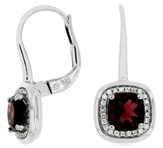 2.55CT DIAMOND & AAA RHODOLITE 14K WHITE GOLD CUSHION & ROUND LEVERBACK EARRINGS