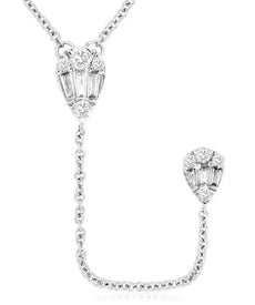 .22CT DIAMOND 14KT WHITE GOLD 3D ROUND & BAGUETTE TEAR DROP LARIAT LOVE NECKLACE