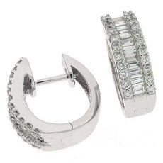 LARGE 1.02CT DIAMOND 14KT WHITE GOLD ROUND & BAGUETTE THREE ROW HUGGIE EARRINGS
