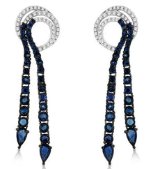 3.8CT DIAMOND & AAA SAPPHIRE 14KT WHITE GOLD ROUND & PEAR SHAPE HANGING EARRINGS