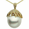 ESTATE LARGE .75CT DIAMOND & AAA PEARL 18KT YELLOW GOLD FLOWER PAVE LEAF PENDANT
