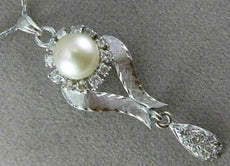 ANTIQUE .50CT OLD MINE DIAMOND AAA SOUTH SEA PEARL 14K WHITE GOLD PENDANT #21893