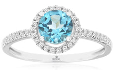 1.36CT DIAMOND & AAA BLUE TOPAZ 14K WHITE GOLD 3D SOLITAIRE HALO FRIENDSHIP RING