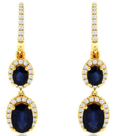2.06CT DIAMOND & AAA SAPPHIRE 14KT YELLOW GOLD 3D OVAL & ROUND HANGING EARRINGS