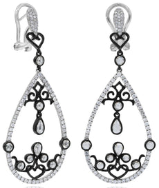 2.51CT WHITE & ROSE CUT DIAMOND 18KT WHITE & BLACK GOLD TEAR DROP LOVE EARRINGS