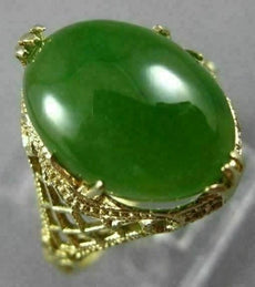 ANTIQUE LARGE AAA OVAL JADE 14KT YELLOW GOLD 3D OPEN FILIGREE LOVE RING #26092