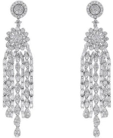 LARGE 4.48CT DIAMOND 18KT WHITE GOLD 3D ROUND & BAGUETTE FLOWER HANGING EARRINGS