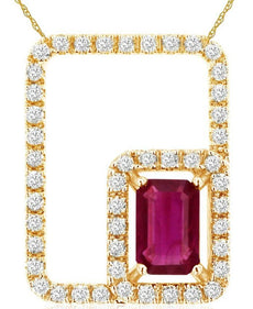 .96CT DIAMOND & AAA RUBY 14KT YELLOW GOLD EMERALD CUT & ROUND HALO FUN PENDANT