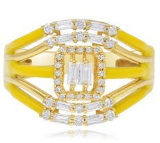 .46CT DIAMOND & YELLOW ENAMEL 14K YELLOW GOLD 3D ROUND & BAGUETTE MULTI ROW RING