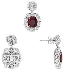 11.1CT DIAMOND & AAA RUBY 18KT WHITE GOLD CUSHION & ROUND DOUBLE FLOWER EARRINGS