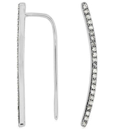 ESTATE .19CT DIAMOND 14KT WHITE GOLD 3D CLASSIC SEMI CURVE BAR HANGING EARRINGS