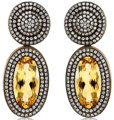 LARGE 4.62CT DIAMOND & AAA CITRINE 14K YELLOW & BLACK GOLD HALO HANGING EARRINGS