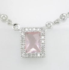 .89CT DIAMOND & AAA PINK QUARTZ 14KT WHITE GOLD 3D CUSHION & ROUND LOVE NECKLACE