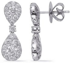 LARGE 2.06CT DIAMOND 14KT WHITE GOLD 3D CLUSTER TEAR DROP LOVE HANGING EARRINGS