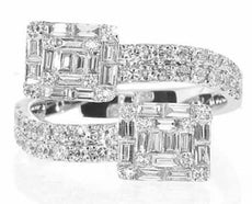LARGE 1.44CT DIAMOND 18KT WHITE GOLD 3D ROUND & BAGUETTE DOUBLE SQUARE LOVE RING