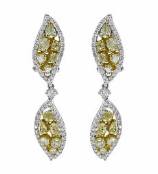 LARGE 3.5CT WHITE & FANCY YELLOW DIAMOND 18K TWO TONE GOLD LEAF HANGING EARRINGS