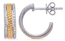WIDE .20CT DIAMOND 14K 2 TONE GOLD 3D DOUBLE ROPE SEMI HOOP FUN HANGING EARRINGS