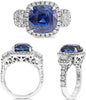 LARGE 8.57CT DIAMOND & AAA SAPPHIRE PLATINUM 3D CUSHION & ROUND ENGAGEMENT RING