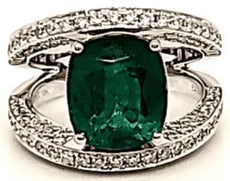 ESTATE LARGE 5.96CT DIAMOND & AAA EMERALD 18KT 2 TONE GOLD CUSHION & ROUND RING