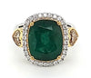 LARGE 6.18CT WHITE YELLOW DIAMOND & AAA EMERALD 18KT 2 TONE GOLD ENGAGEMENT RING