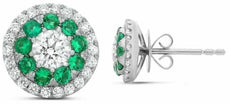 ESTATE .86CT DIAMOND & AAA EMERALD 14KT WHITE GOLD 3D ROUND FLOWER STUD EARRINGS