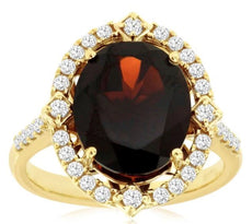 5.83CT DIAMOND & AAA GARNET 14KT YELLOW GOLD OVAL & ROUND HALO FLOWER FUN RING