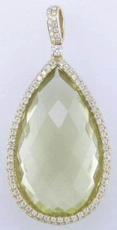 18.54CT DIAMOND & AAA LEMON QUARTZ 14K YELLOW GOLD 3D PEAR SHAPE & ROUND PENDANT