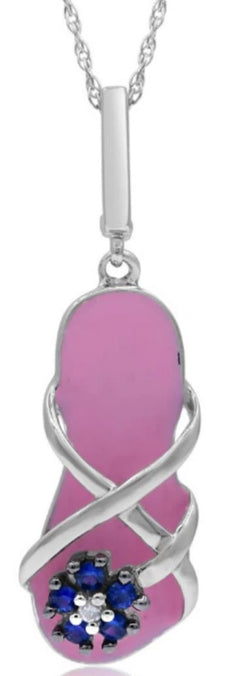 .10CT DIAMOND & AAA SAPPHIRE 14KT WHITE GOLD FLOWER SLIPPER FUN FLOATING PENDANT