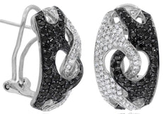 1.65CT WHITE & BLACK DIAMOND 14KT WHITE GOLD 3D LOVE KNOT MULTI ROW FUN EARRINGS